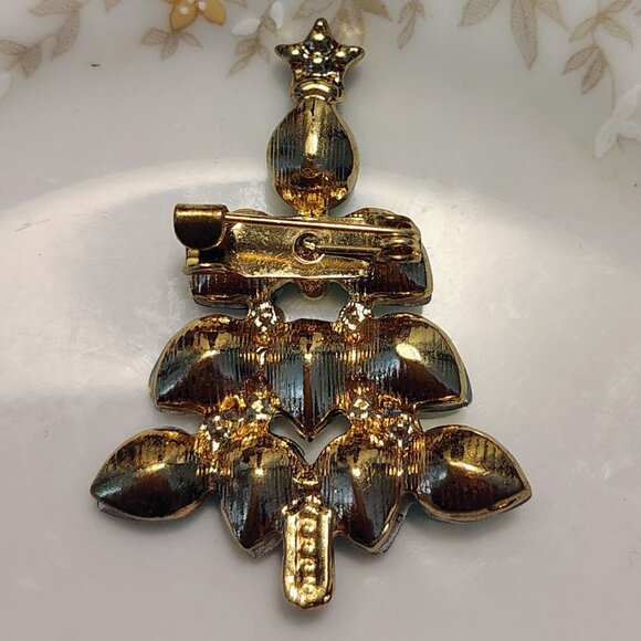 Vtg MCM Unsigned Standing Glass Teardrop Rhinestone Christmas Tree Brooch - Picture 3 of 4